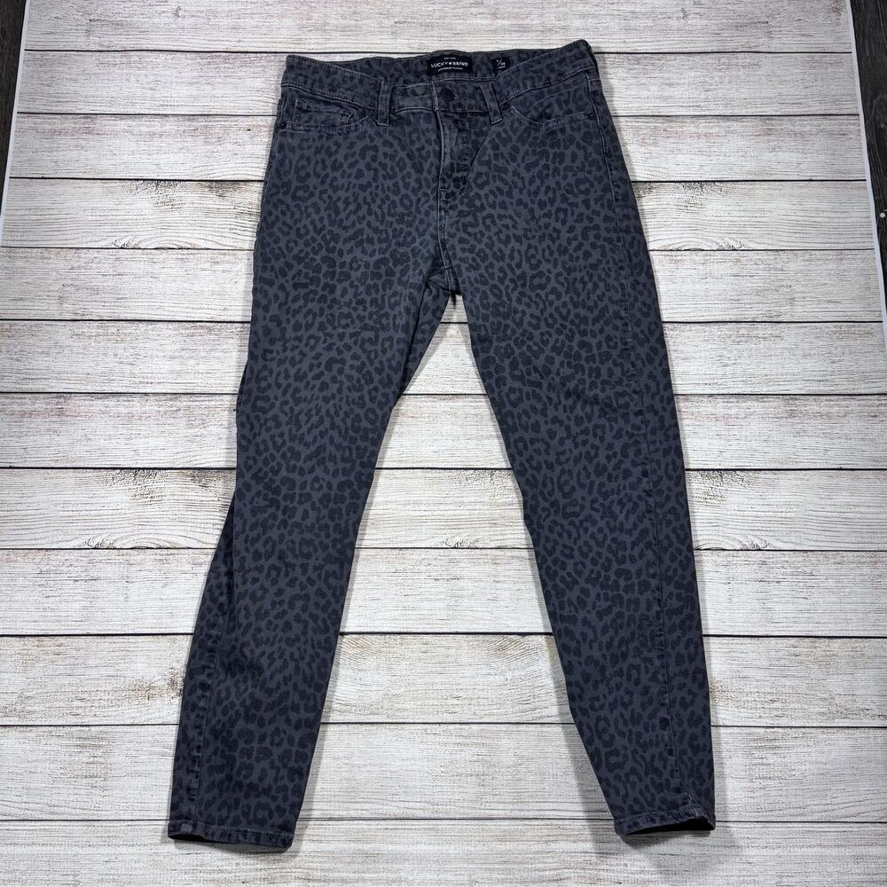 Lucky Brand Ava Skinny Jeans Women's 8 Grey Leopard Print Stretch Ankle Cropped